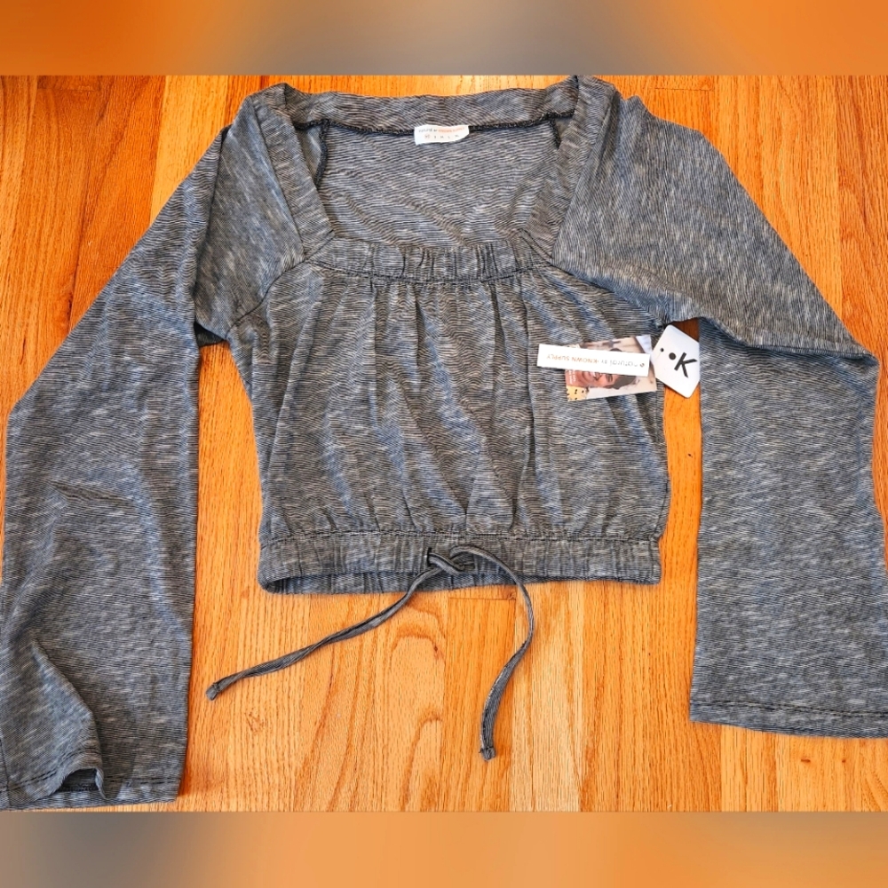 Known Supply Crop Top XS NWT Gray Black Square Neck Boho Tie waist Bell Sleeve